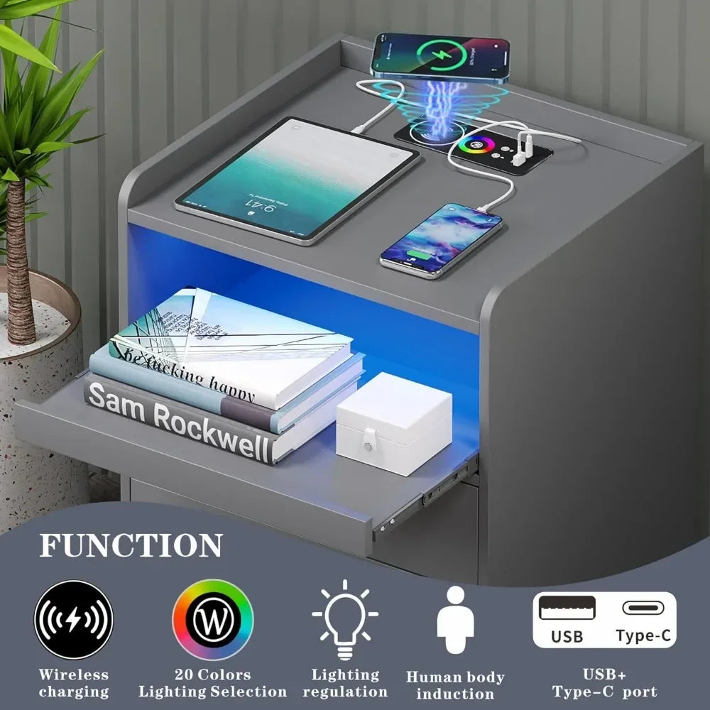 Smart Nightstand with Charging Station & RGB Lights