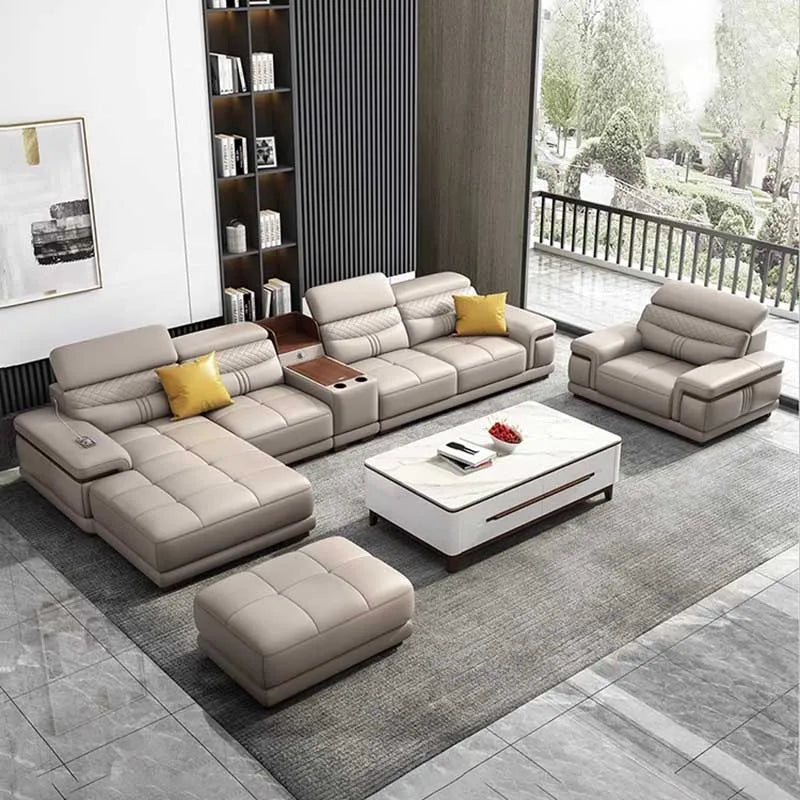 Nordic Leather Living Room Sofas - Modern Two-Seater Lounge Puffs