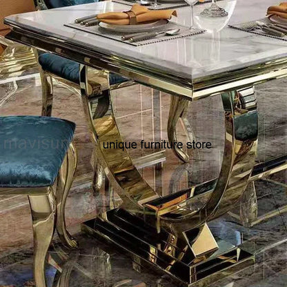 Light Luxury Kitchen Table: Marble Rectangle, Gold-Plated Stainless Steel Frame, Hotel Dining Set