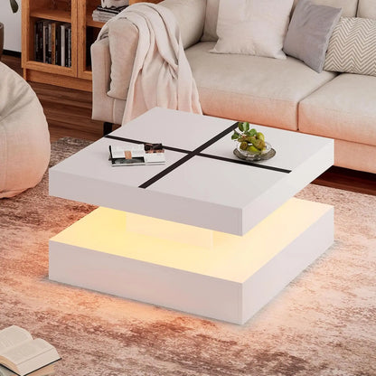 White and Black LED Coffee Table: Modern, Smart, Tall Square, 2-Tier Display Shelf, with Storage