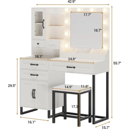 Makeup Vanity Desk with Mirror, Lights, Charging Station & Stool