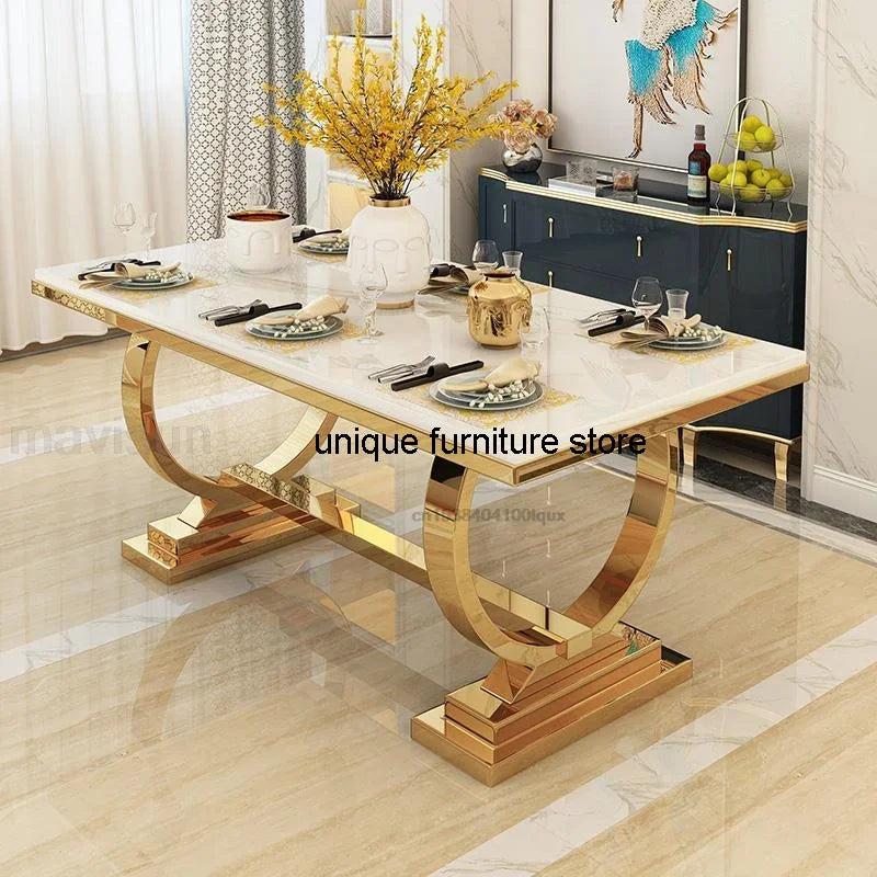 Light Luxury Kitchen Table: Marble Rectangle, Gold-Plated Stainless Steel Frame, Hotel Dining Set