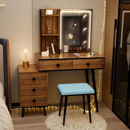 Vanity Desk with Mirror & Lights, 3-Color Lighting, Charging Station, 5 Drawers, 3 Shelves & Stool