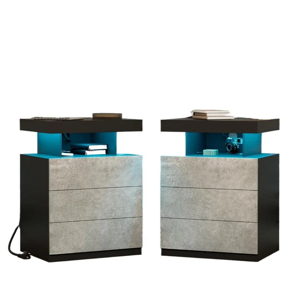 Concrete Gray Matte Bedside Table with LED Light and USB Port