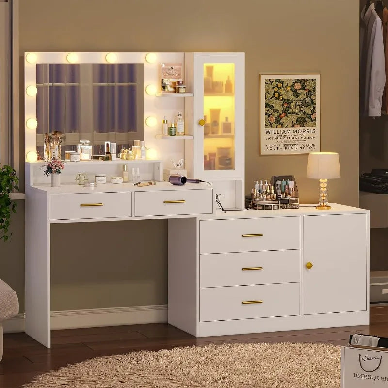 White Makeup Vanity with Lights, Mirror, Large Desk with Drawer Dresser, Charging Station & RGB Cabinet