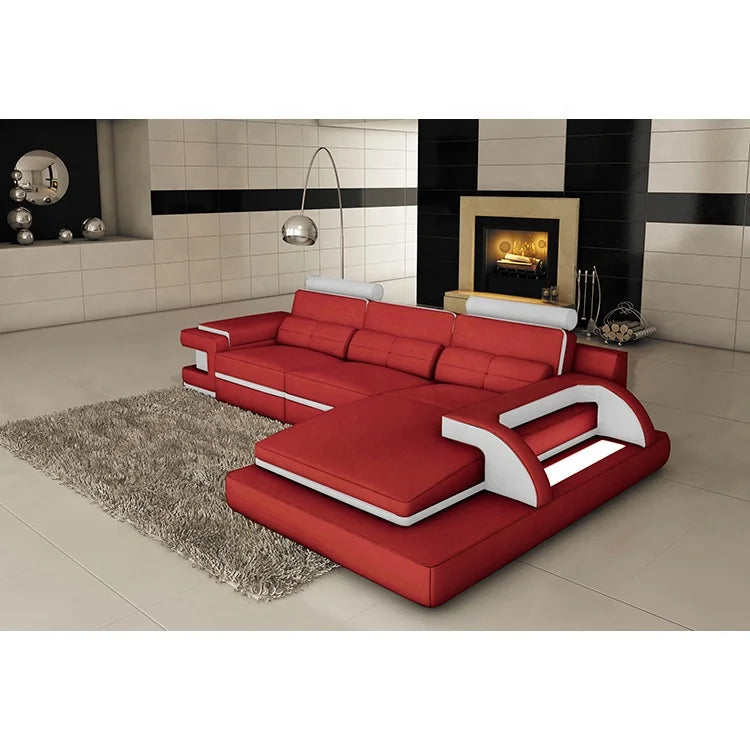 Italian Red & Black Genuine Leather L-Shape Sectional Sofa Set