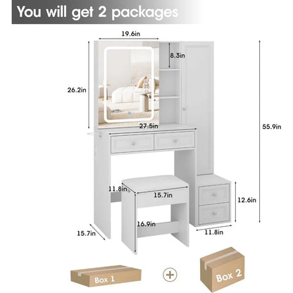 Makeup Vanity Desk with LED Sliding Mirror, Jewelry Cabinet, 4 Drawers & Charging Station