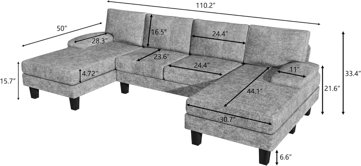 U-Shaped Convertible Sectional Couch - Soft Chenille, 4 Seats