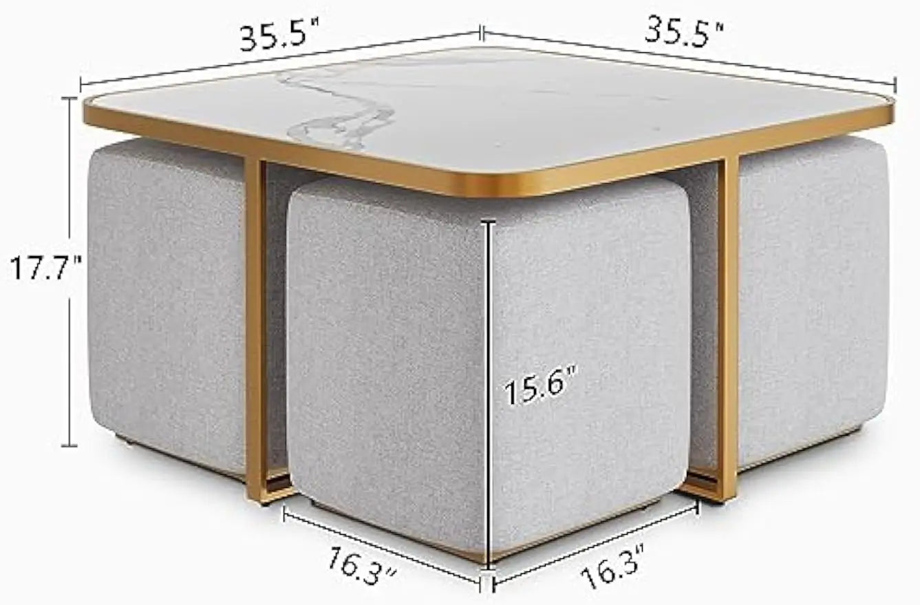 Square Coffee Table Set: White Marbling, Gold Metal Legs, Lift Top, with 4 Stools