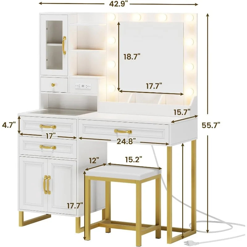 Makeup Vanity Desk with Mirror, Lights, Stool, Glass Top & Charging Station