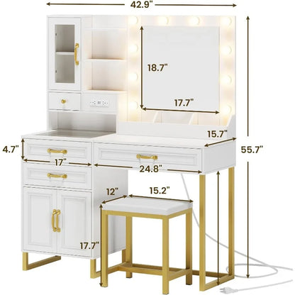 Makeup Vanity Desk with Mirror, Lights, Stool, Glass Top & Charging Station