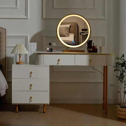 Dressing Table with Circular Mirror, 5 Drawers & 3 Lighting Modes