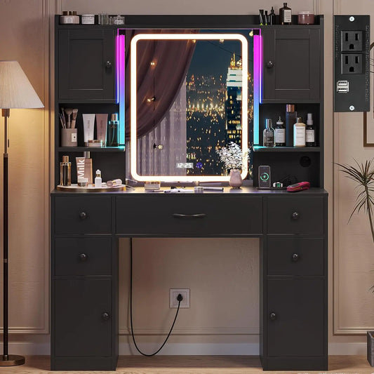 Tiptiper Large Makeup Vanity with LED Mirror, Lights, Charging Station, 5 Drawers & 4 Cabinets