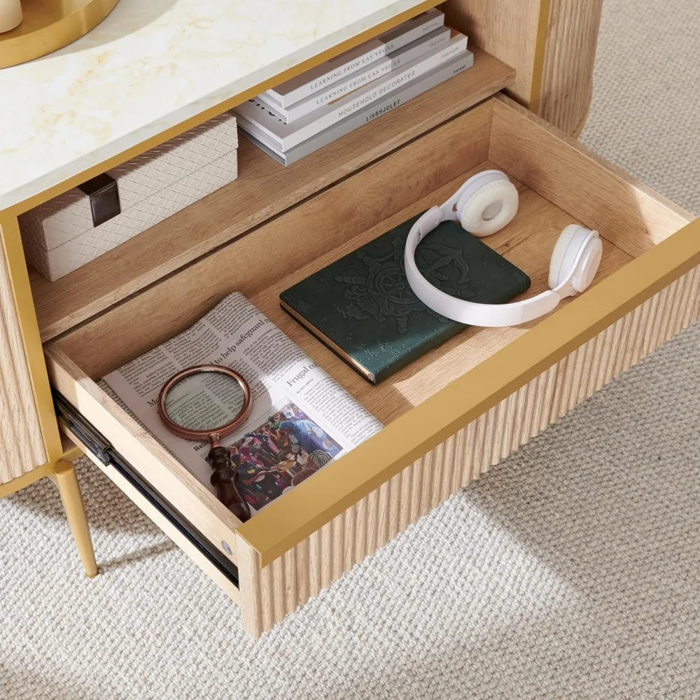 Modern Luxury Coffee Table: 48" Oval, Gold Metal, Drawer, Natural Oak