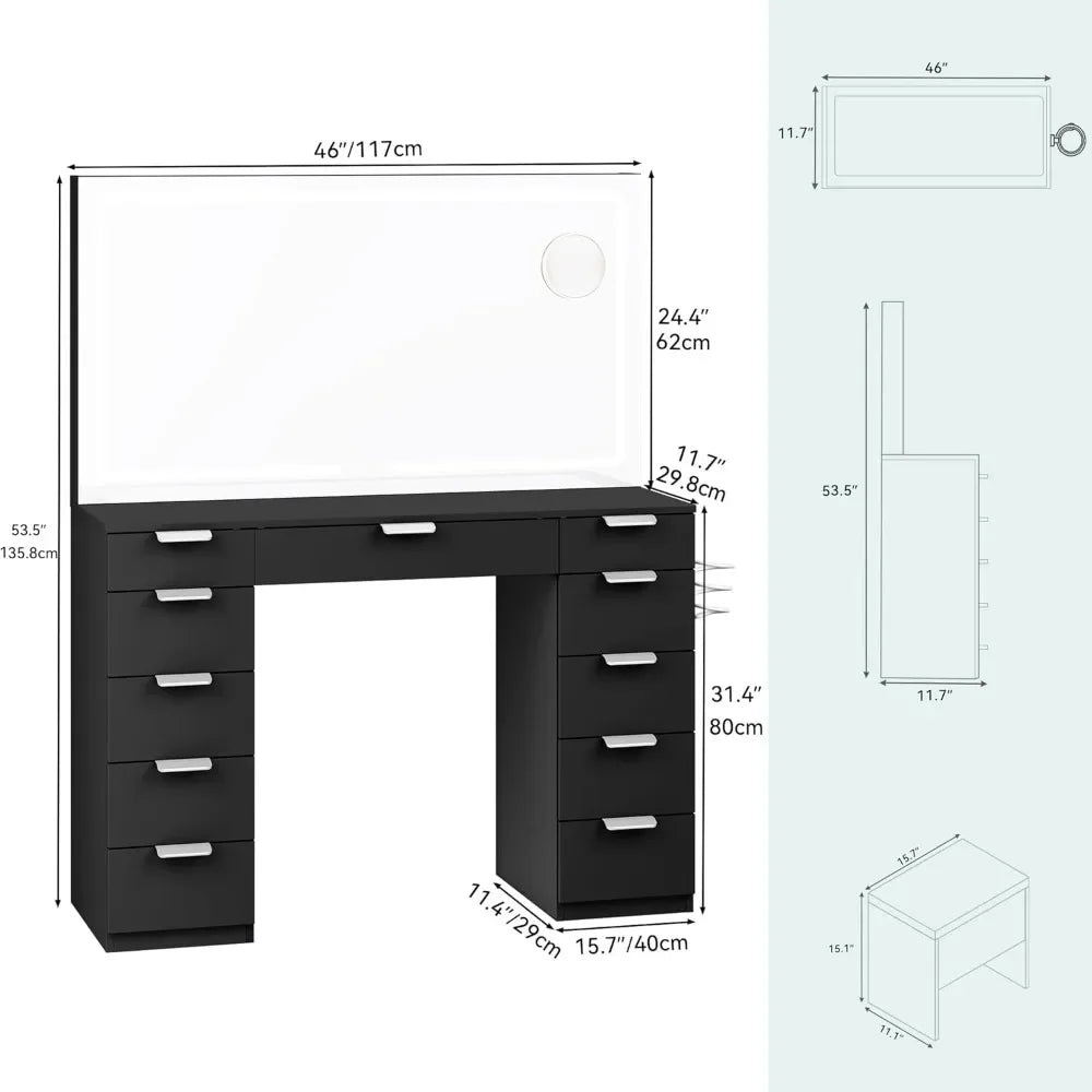 Makeup Vanity Set with Large LED Mirror, Power Outlet & 11 Drawers