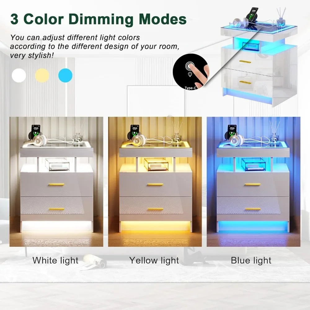 LED Nightstands with 2 Drawers, Auto Sensor Lights & Charging