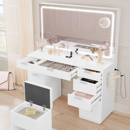 Vanity Desk Set with LED Lighted Mirror, Power Outlet, 11 Drawers, Magnifying Glass & Storage Bench