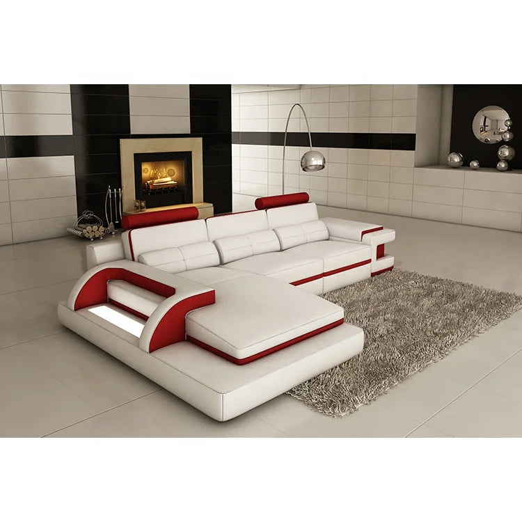 Italian Red & Black Genuine Leather L-Shape Sectional Sofa Set