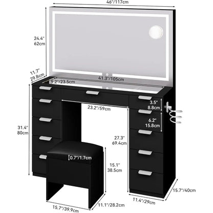 Makeup Vanity Set with LED Mirror, Power Outlet, 11 Drawers & Magnifying Glass