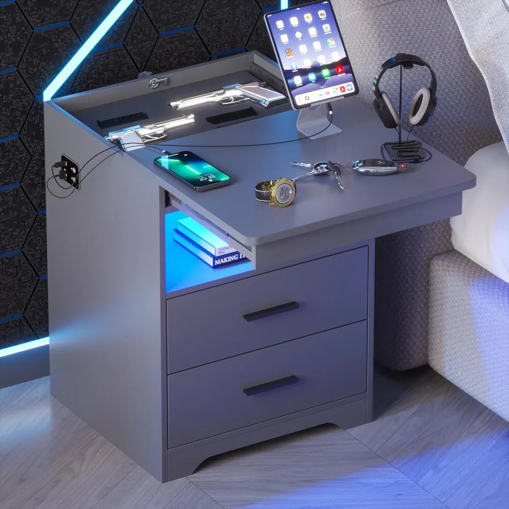 LED Nightstand with Gun Drawer, Charging Station & Dimmable Light