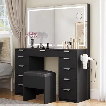 Makeup Vanity Set with LED Mirror, Power Outlet, 11 Drawers & Magnifying Glass