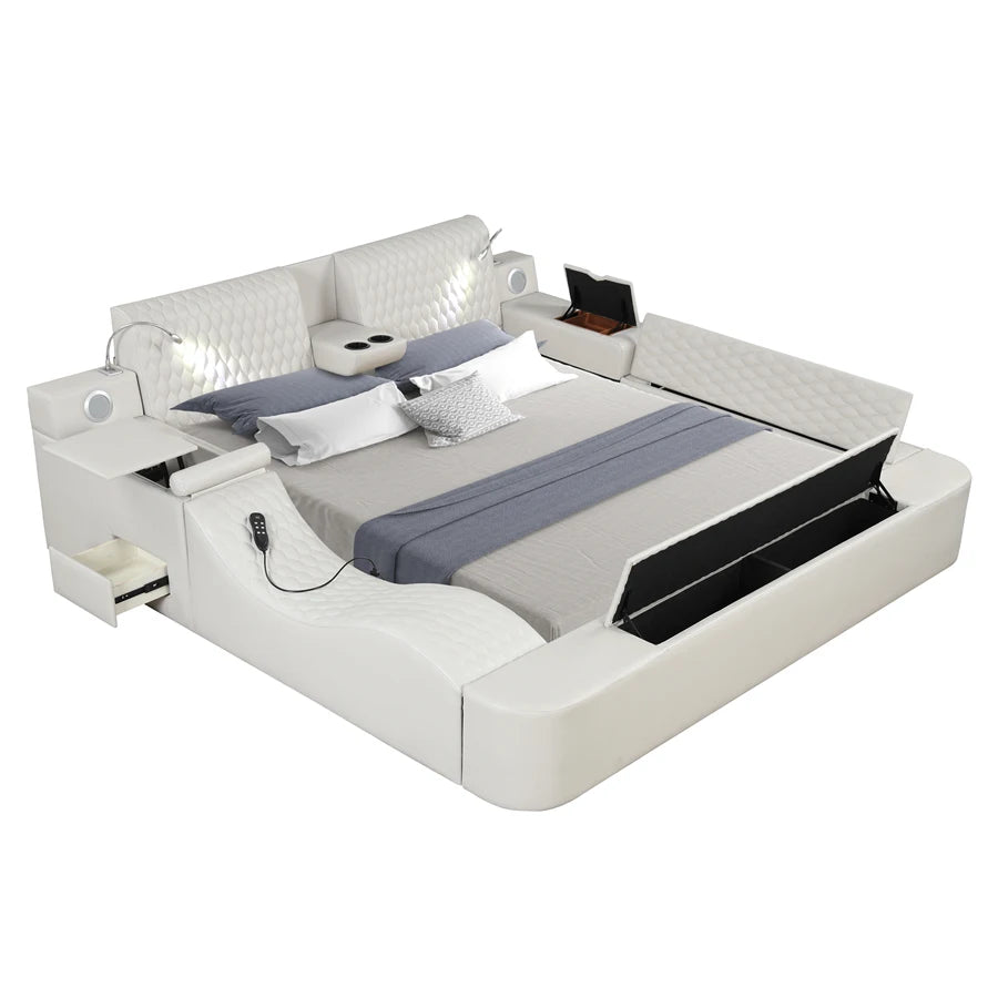 White Multi-Function Smart Bed: Solid Wood, King Size, Storage