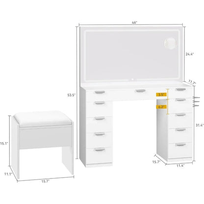 Vanity Desk Set with LED Lighted Mirror, Power Outlet, 11 Drawers, Magnifying Glass & Storage Bench