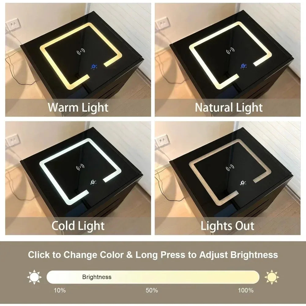 Modern Nightstands with LED Lights, Charging Station & Sensor