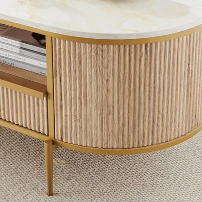 Modern Luxury Coffee Table: 48" Oval, Gold Metal, Drawer, Natural Oak