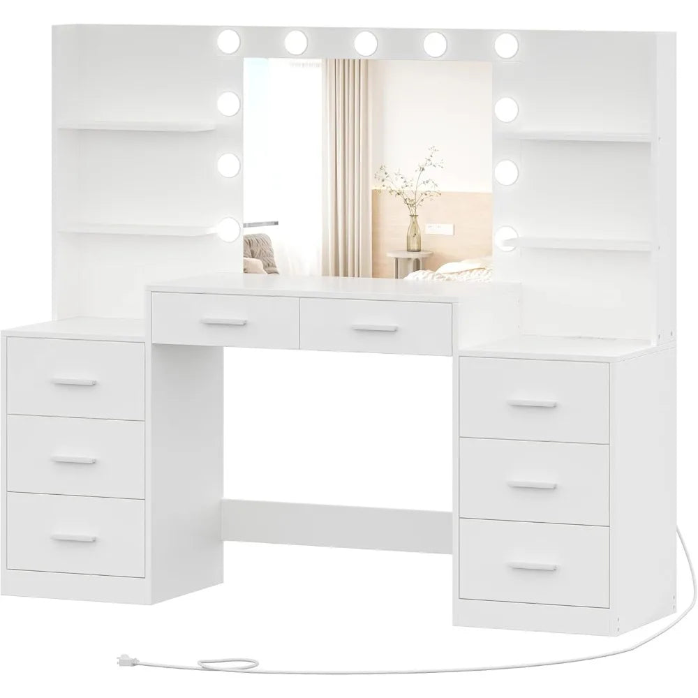 Makeup Table with Mirror, Lighting, 3 Modes, Large Drawers & Open Storage