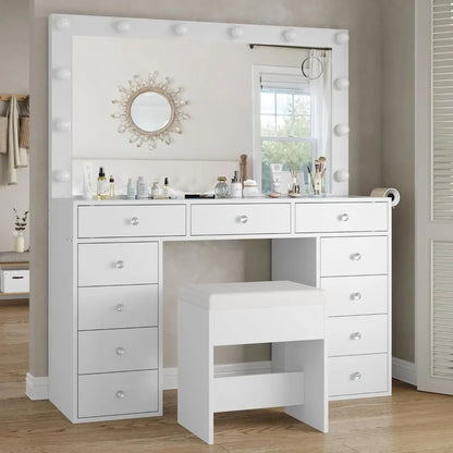 Vanity Desk with 12 LED Lights, Power Outlet, 11 Drawers, Chair, 3 Lighting Modes & Adjustable Brightness