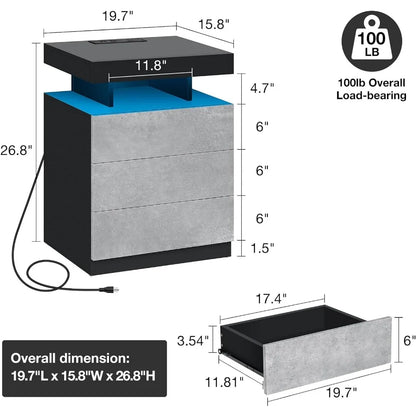 Concrete Gray Matte Bedside Table with LED Light and USB Port