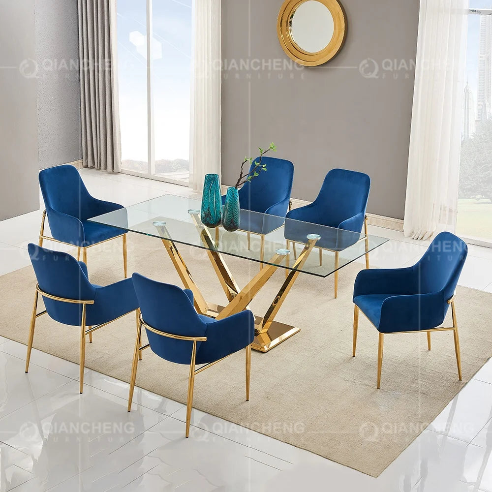 Modern Gold Glass Dining Table Set: 8-Seater Luxury with Chairs