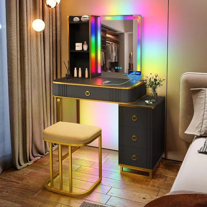 Vanity Desk with Mirror & Lights, 3-Color Lighting, Charging Station, 5 Drawers, 3 Shelves & Stool