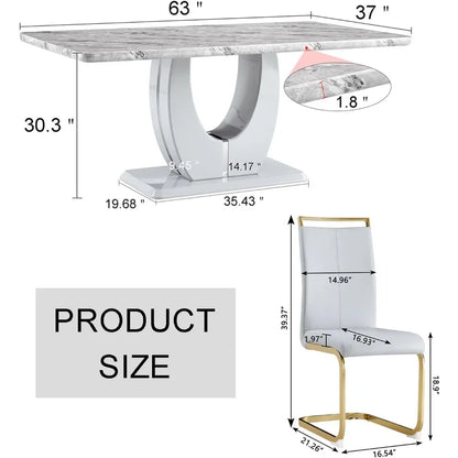 Modern Dining Room Set for 6: Rectangular Table with Faux Marble, Kitchen Furniture