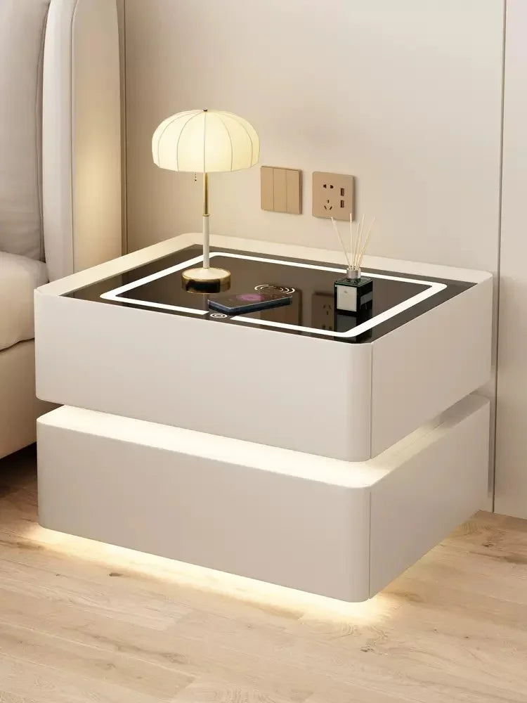 Modern Solid Wood Bedside Table with Wireless Charging & Lock