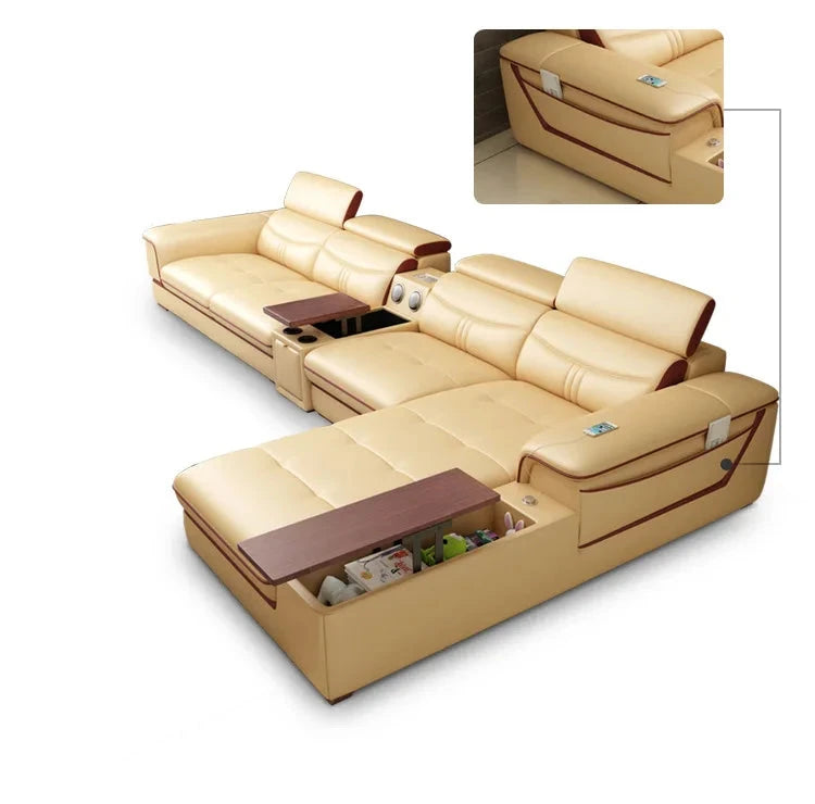 Genuine Cow Leather L-Shape Sofa Set - Bluetooth & Puff Seating