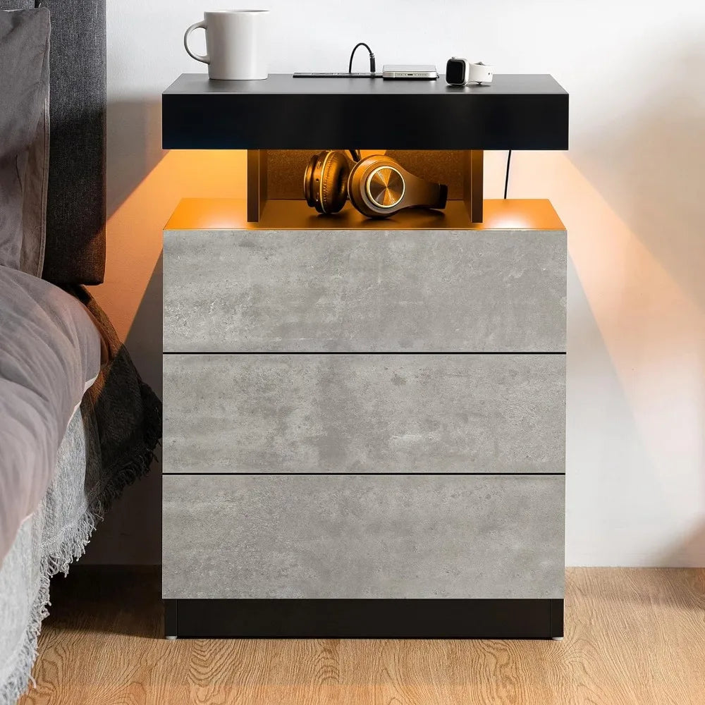 Concrete Gray Matte Bedside Table with LED Light and USB Port