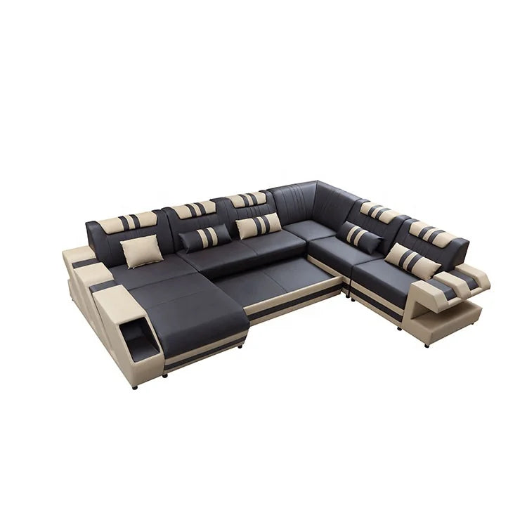 Luxury Genuine Leather Reclining Sleeper Sofa with Wooden Frame & Embroidery