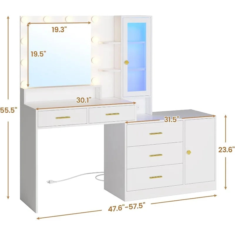 White Makeup Vanity with Lights, Mirror, Large Desk with Drawer Dresser, Charging Station & RGB Cabinet