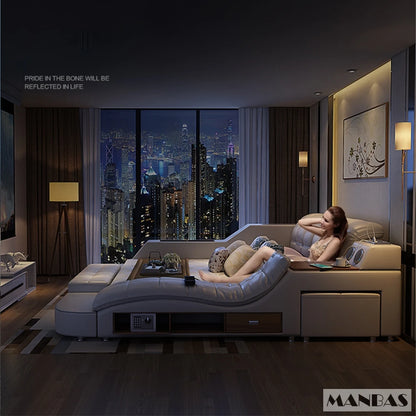 Luxury King Size Smart Bed with Genuine Leather & Massage