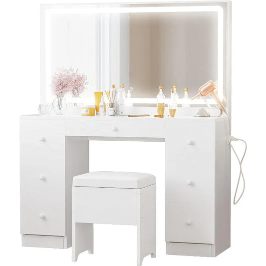 Vanity Desk Set with LED Lighted Mirror, Power Outlet, 7 Drawers & Stool