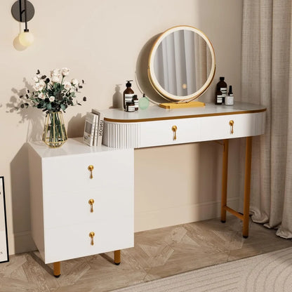 Dressing Table with Circular Mirror, 5 Drawers & 3 Lighting Modes