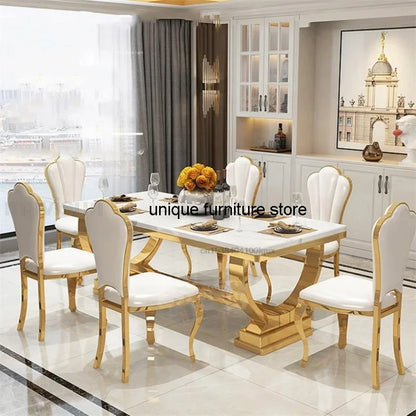 Light Luxury Kitchen Table: Marble Rectangle, Gold-Plated Stainless Steel Frame, Hotel Dining Set