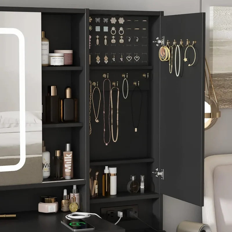 Vanity Desk with Mirror & Lights, Makeup Vanity with 3 Drawers, Cabinets, Charging Station & Sliding Features