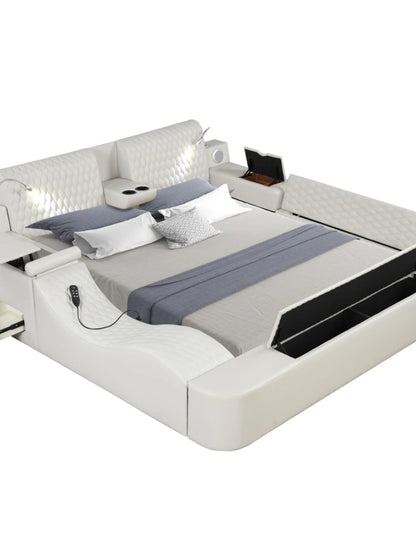 White Multi-Function Smart Bed: Solid Wood, King Size, Storage