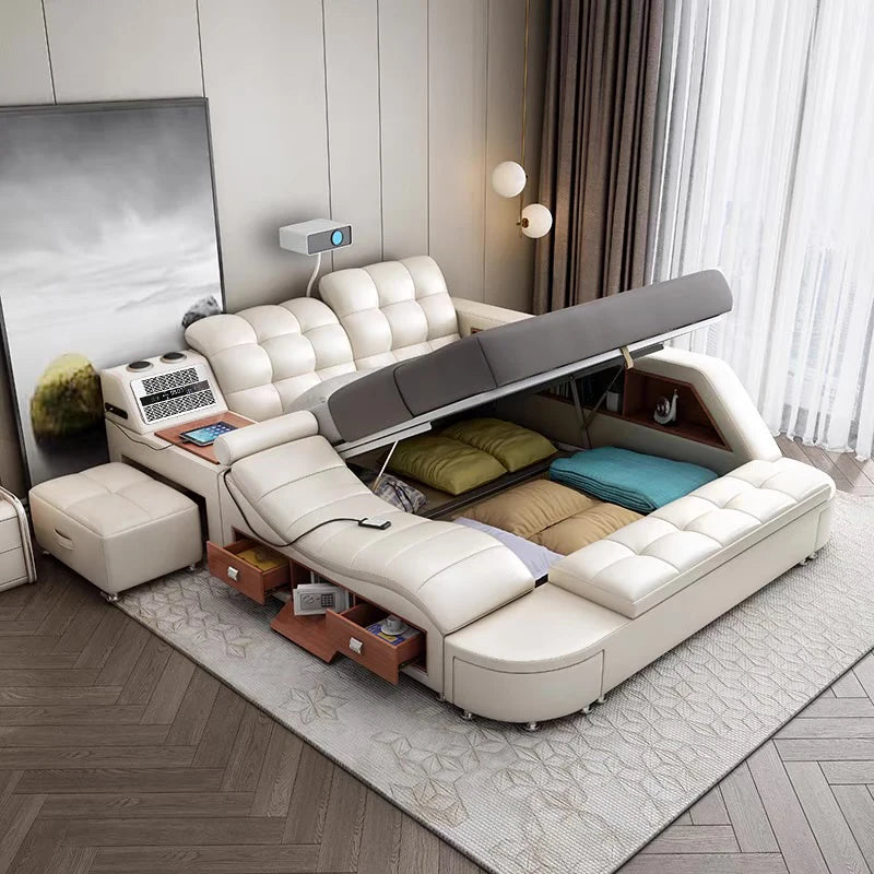 Luxury Smart Bed: Genuine Leather, Massage, Bluetooth, Air Cleaner