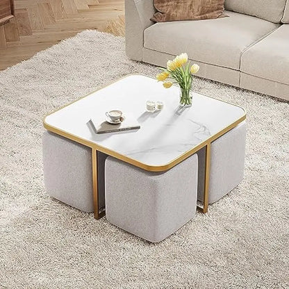 Square Coffee Table Set: White Marbling, Gold Metal Legs, Lift Top, with 4 Stools