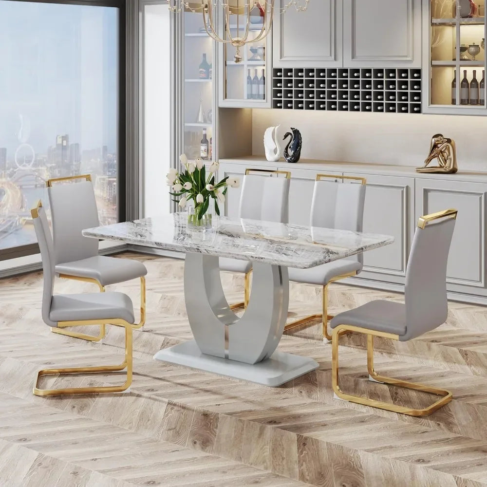 Modern Dining Room Set for 6: Rectangular Table with Faux Marble, Kitchen Furniture