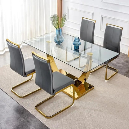 Living Room Table Set: Tempered Glass Dining Table with 4 Leather Chairs, 5-Piece Set